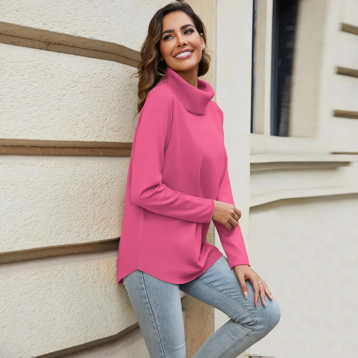 Women's Turtleneck Knit Pullover Long Sleeve Casual Oversized Curved Hemline Sweater Tops