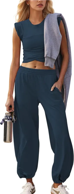 Womens Two Pieces Lounge Outfits Athletic Sets Workout Cropped Tops Casual Sweatpants Tracksuits Joggers with Pockets
