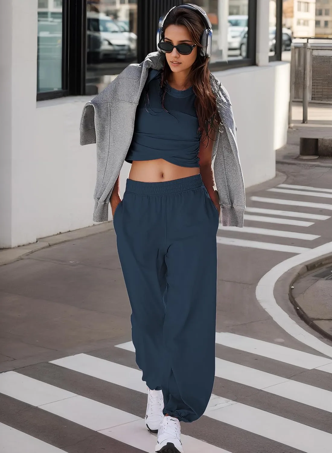 Womens Two Pieces Lounge Outfits Athletic Sets Workout Cropped Tops Casual Sweatpants Tracksuits Joggers with Pockets
