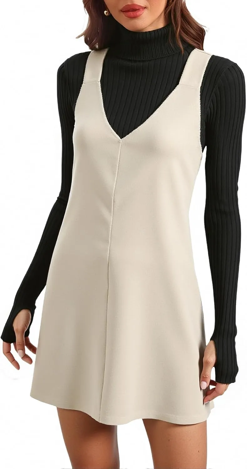 Women's V Neck Sleeveless Mini Pinafore Dress Dressy Casual Fall Corduroy Dresses