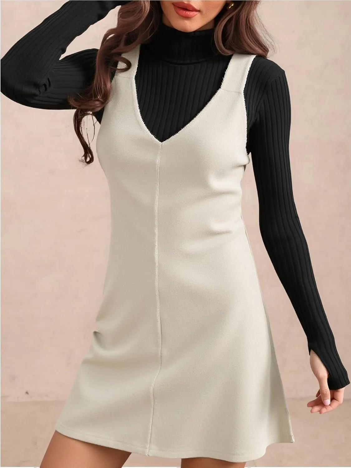 Women's V Neck Sleeveless Mini Pinafore Dress Dressy Casual Fall Corduroy Dresses