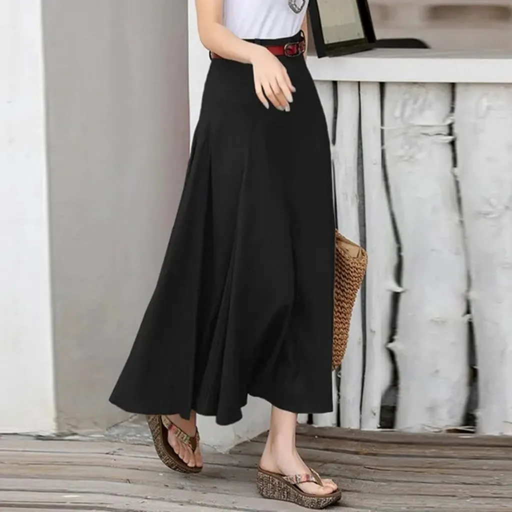 Women's Vintage High Waist A-Line Flared Midi Skirts with Pockets Plus Size Lightweight Casual Midi Skirt