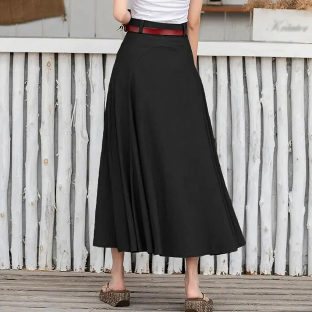 Women's Vintage High Waist A-Line Flared Midi Skirts with Pockets Plus Size Lightweight Casual Midi Skirt