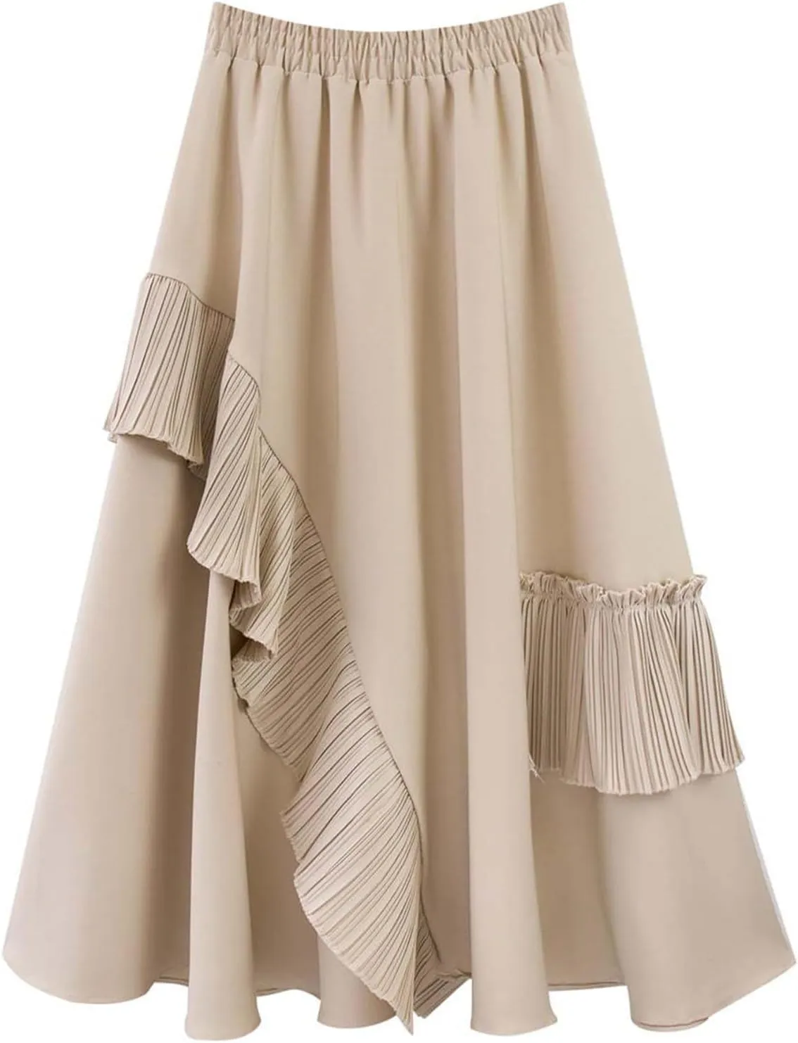 Womens Vintage High Waisted Skirt Asymmetrical Ruffle Hem A-Line Pleated Midi Skirt