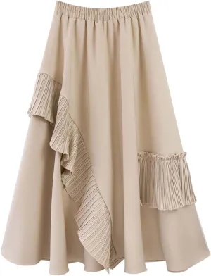 Womens Vintage High Waisted Skirt Asymmetrical Ruffle Hem A-Line Pleated Midi Skirt