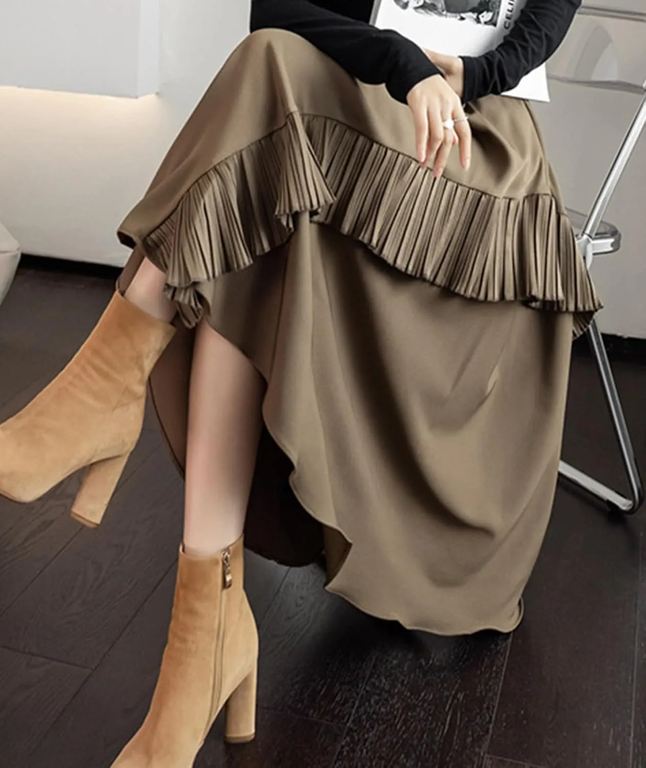 Womens Vintage High Waisted Skirt Asymmetrical Ruffle Hem A-Line Pleated Midi Skirt