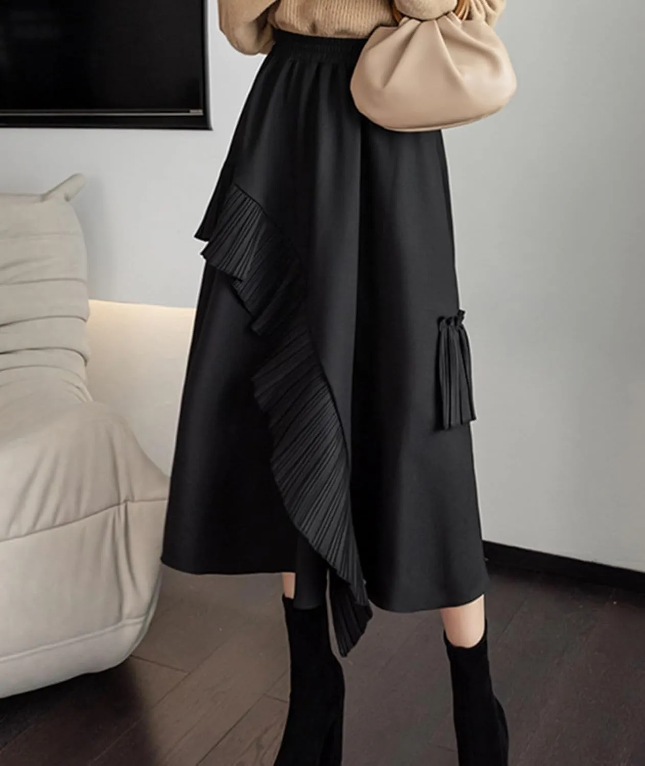 Womens Vintage High Waisted Skirt Asymmetrical Ruffle Hem A-Line Pleated Midi Skirt