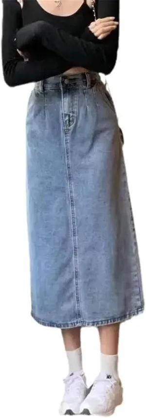 Women's Vintage Long Denim Jeans Trend High-waisted Back Slit Slim Pencil Skirt With Pockets