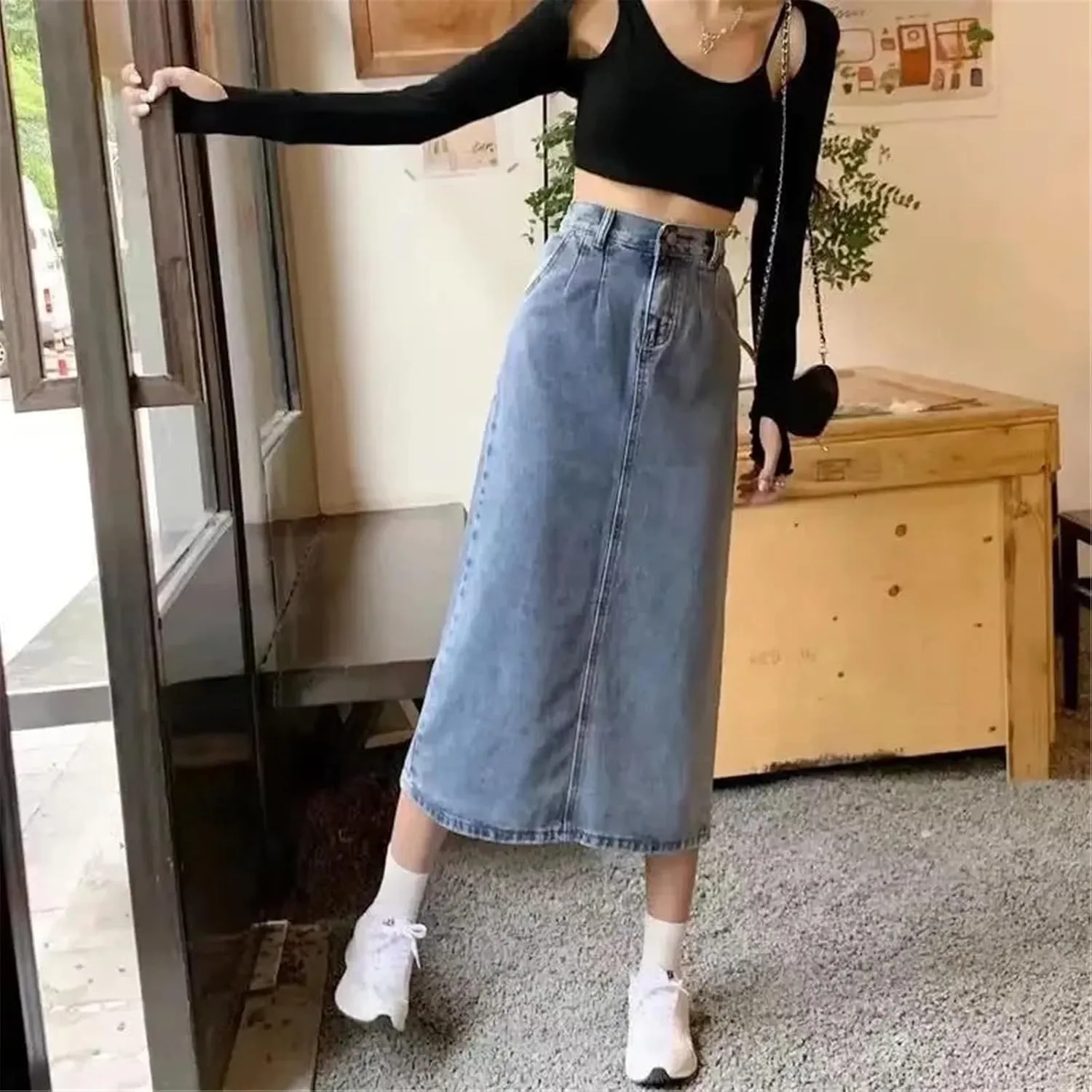 Women's Vintage Long Denim Jeans Trend High-waisted Back Slit Slim Pencil Skirt With Pockets
