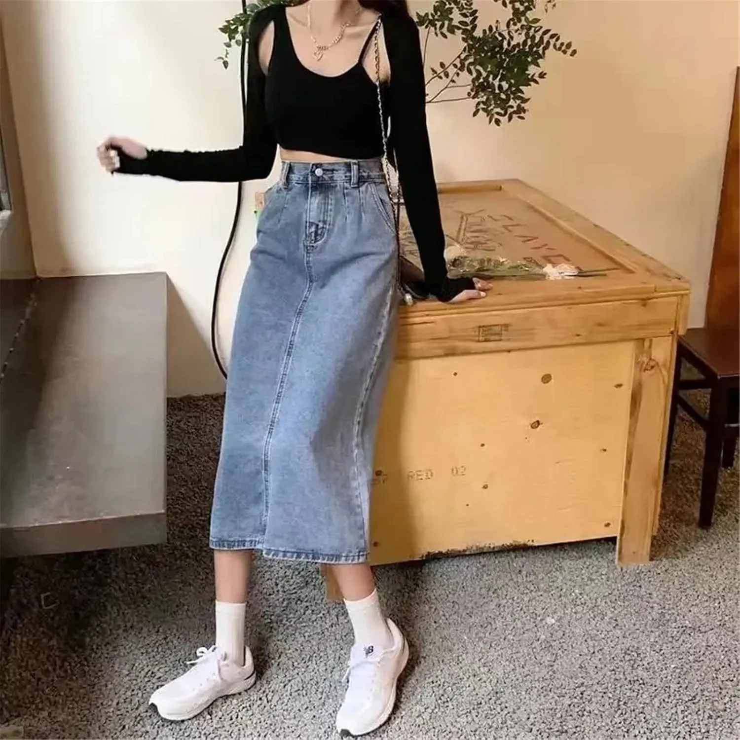 Women's Vintage Long Denim Jeans Trend High-waisted Back Slit Slim Pencil Skirt With Pockets