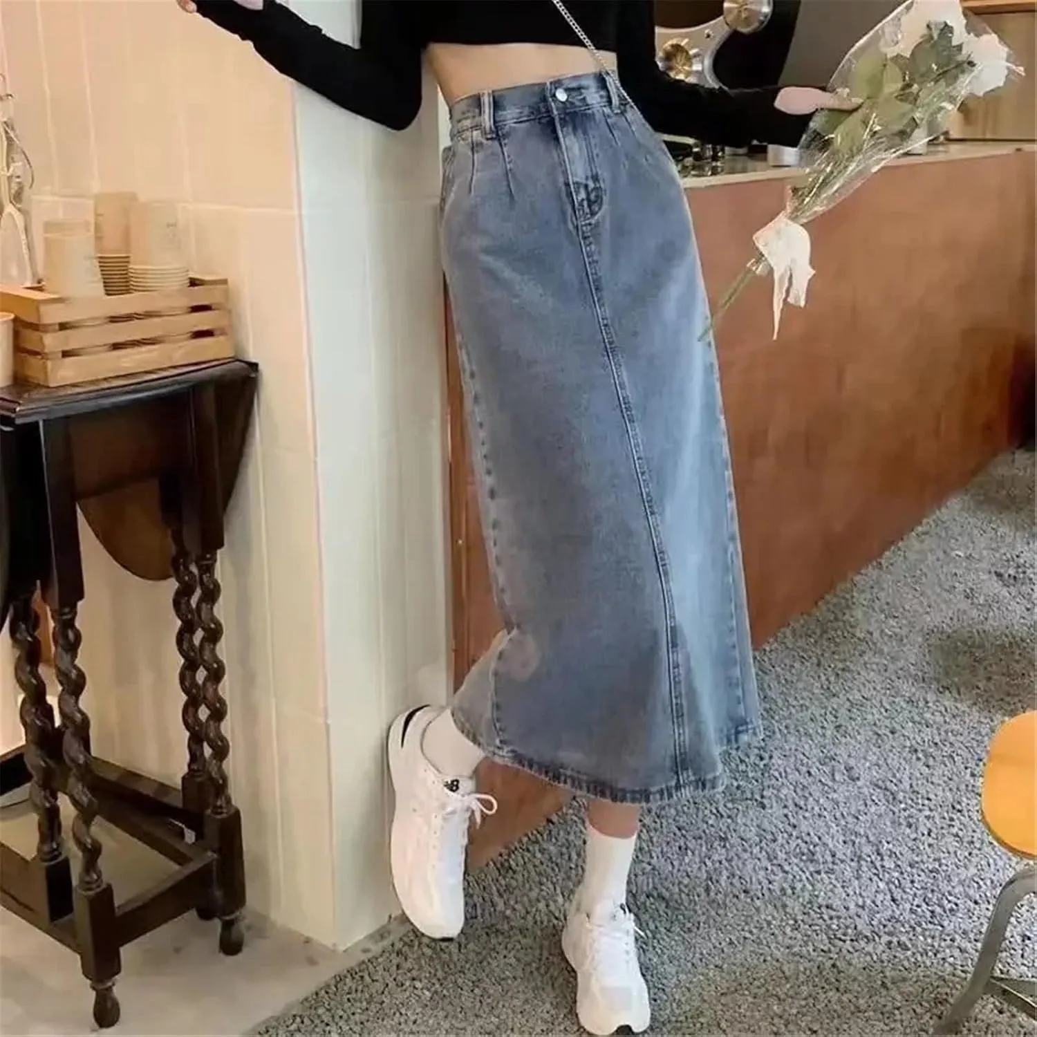 Women's Vintage Long Denim Jeans Trend High-waisted Back Slit Slim Pencil Skirt With Pockets