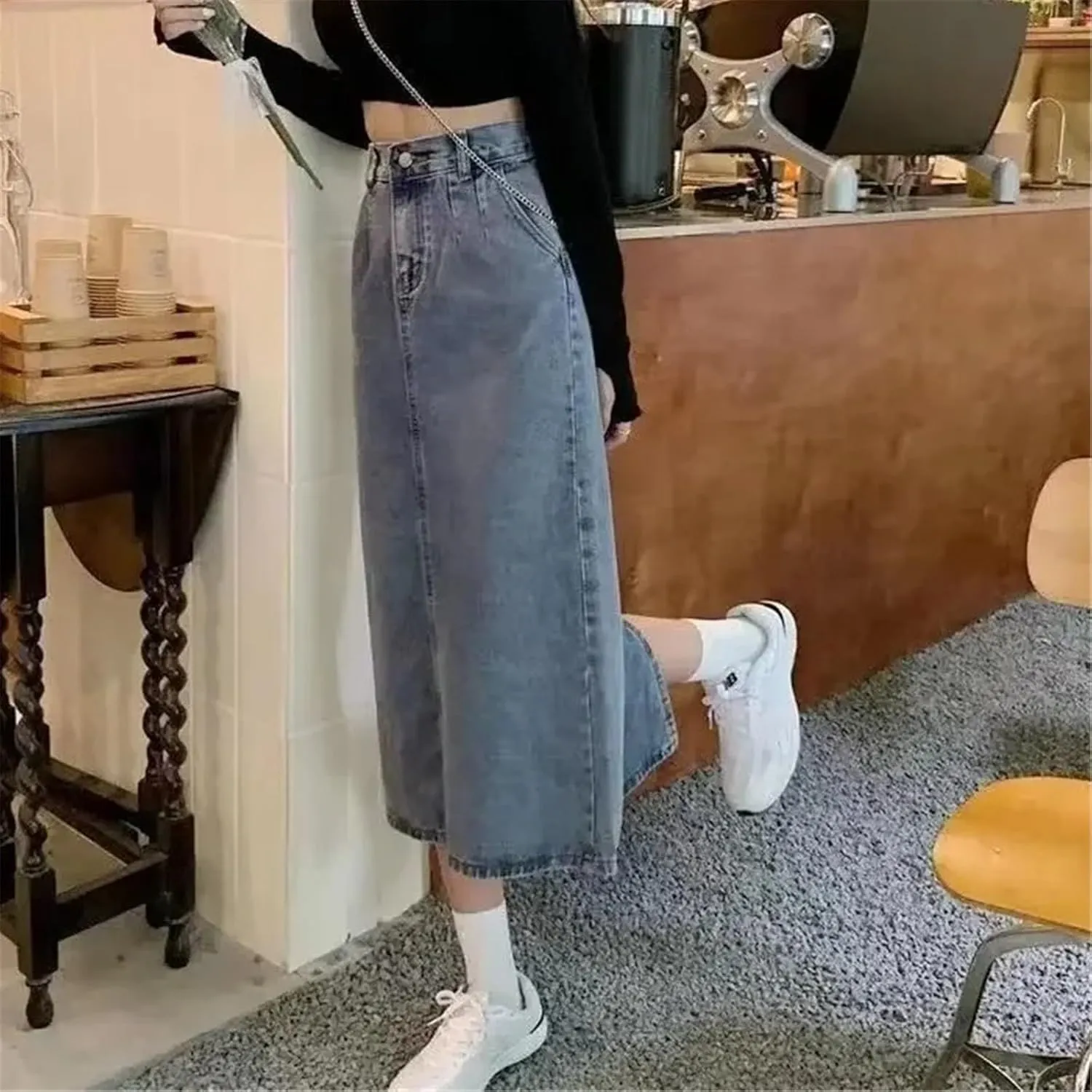 Women's Vintage Long Denim Jeans Trend High-waisted Back Slit Slim Pencil Skirt With Pockets