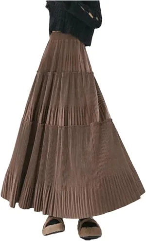 Women's Vintage Pleated Tweed Maxi Skirt Patchwork High Waist Long Skirt Midi Skirt