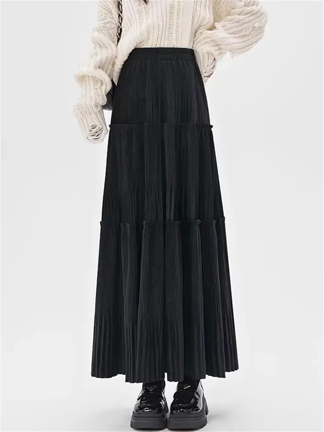 Women's Vintage Pleated Tweed Maxi Skirt Patchwork High Waist Long Skirt Midi Skirt