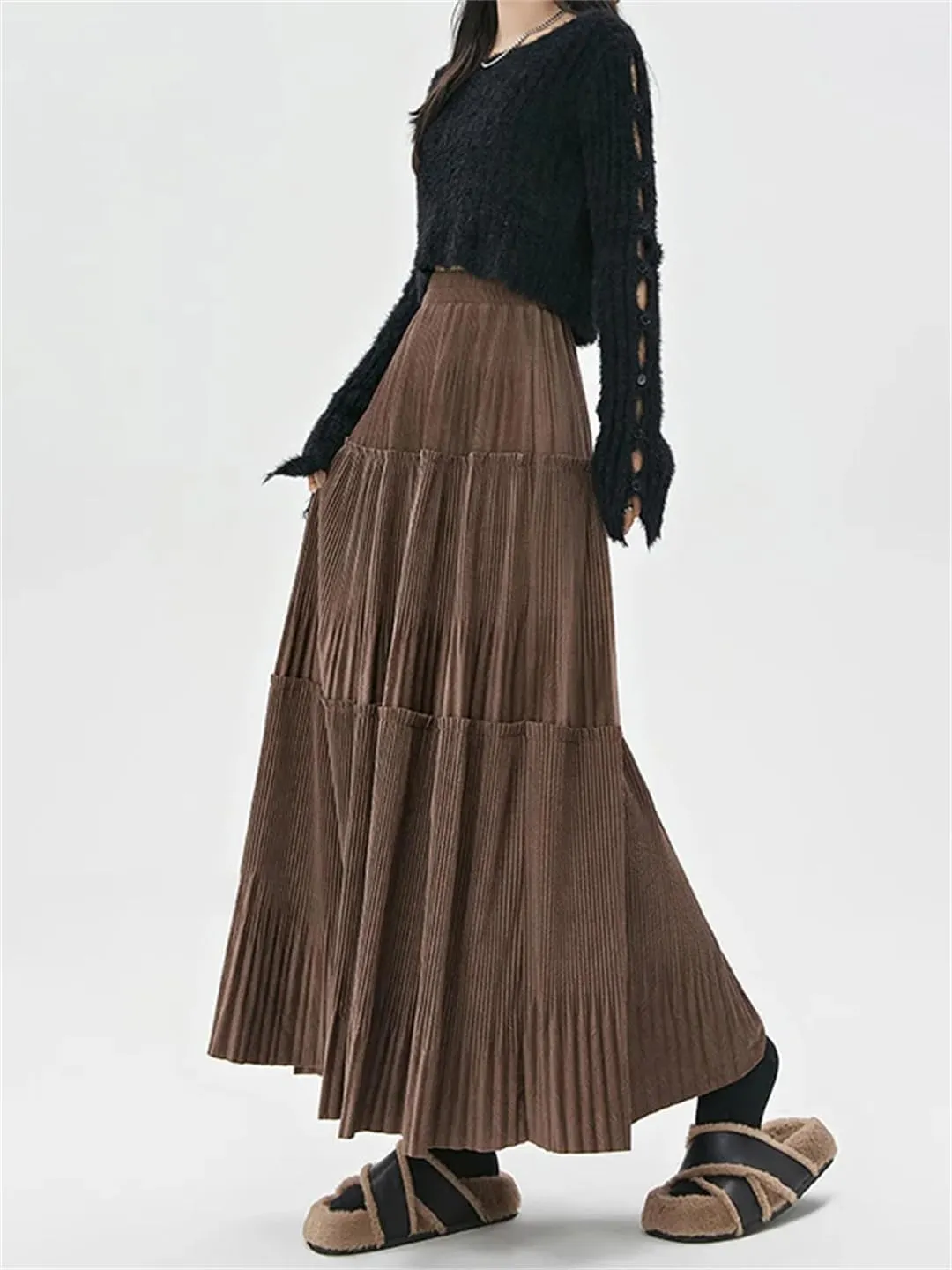 Women's Vintage Pleated Tweed Maxi Skirt Patchwork High Waist Long Skirt Midi Skirt