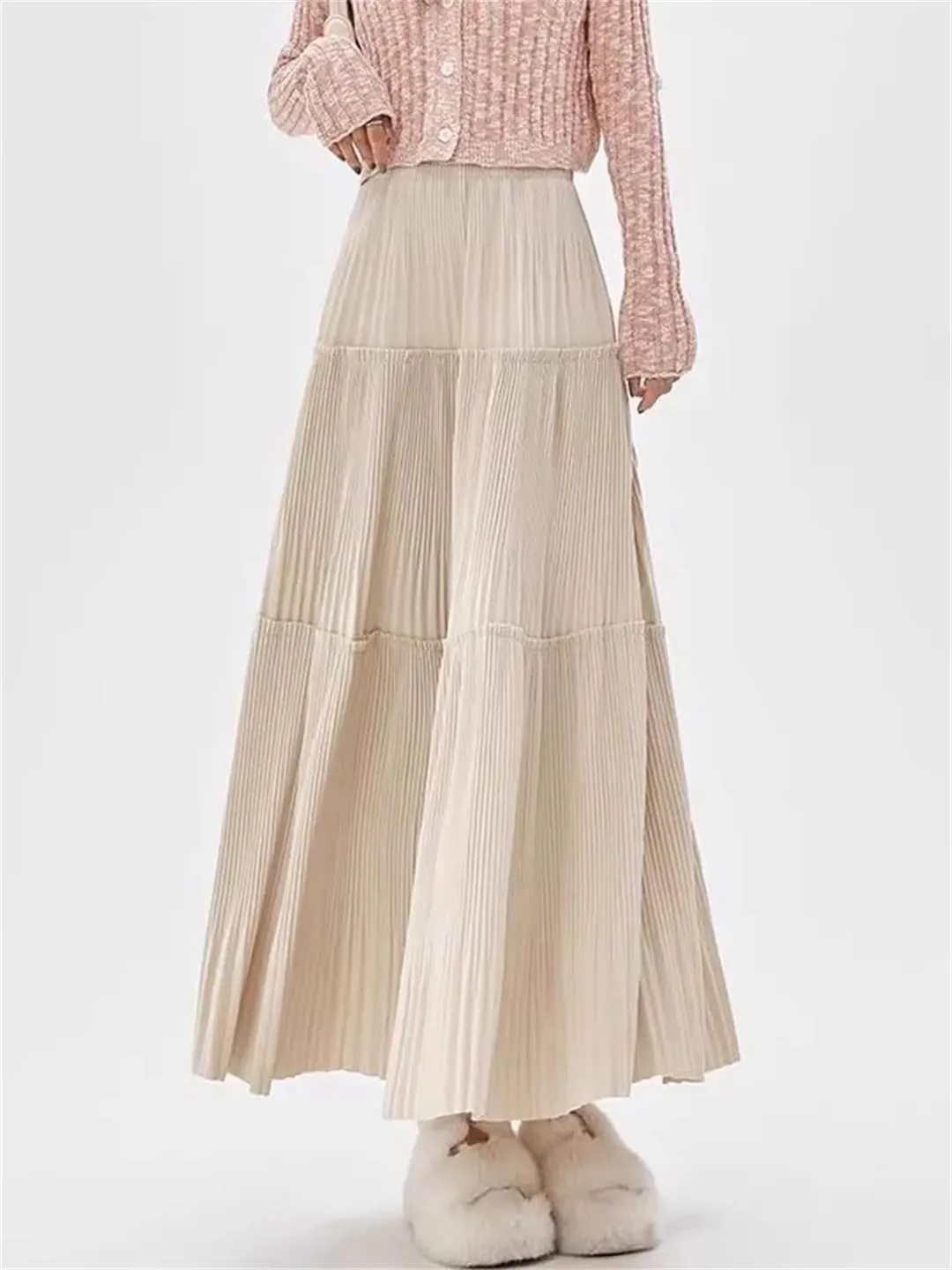 Women's Vintage Pleated Tweed Maxi Skirt Patchwork High Waist Long Skirt Midi Skirt