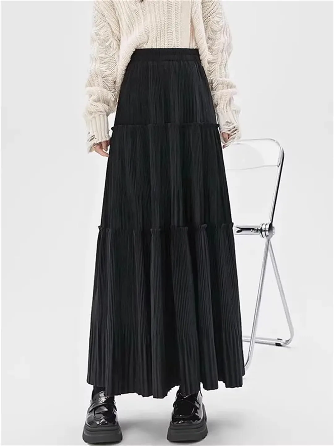 Women's Vintage Pleated Tweed Maxi Skirt Patchwork High Waist Long Skirt Midi Skirt