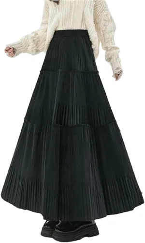 Women's Vintage Pleated Tweed Maxi Skirt Patchwork High Waist Long Skirt Midi Skirt