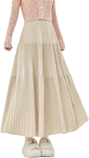 Women's Vintage Pleated Tweed Maxi Skirt Patchwork High Waist Long Skirt Midi Skirt