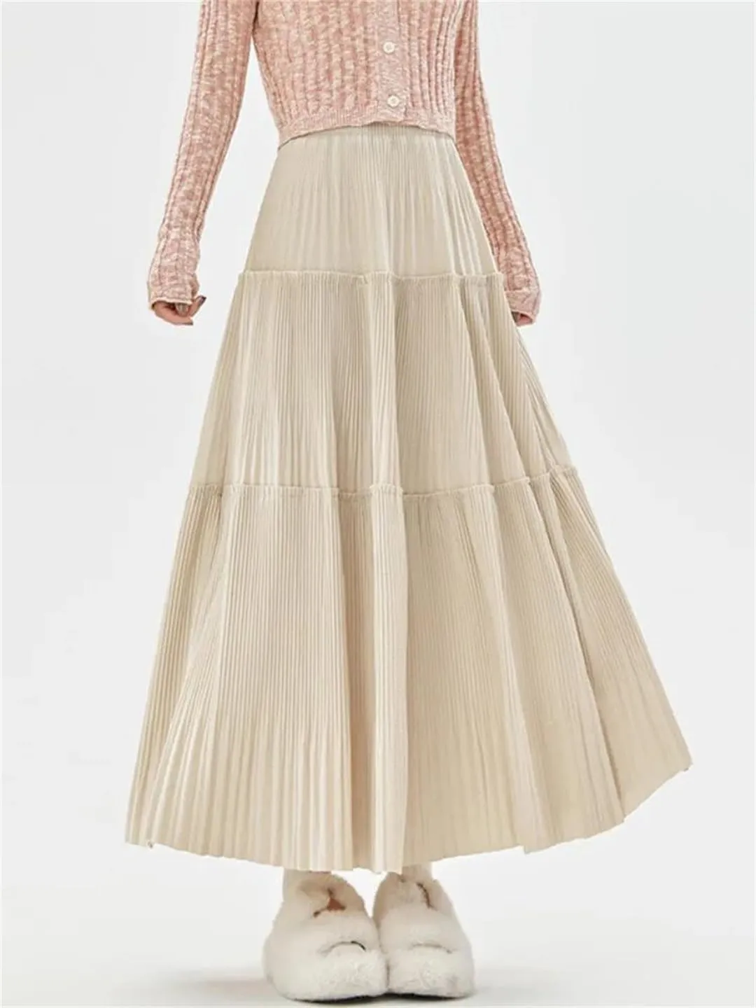 Women's Vintage Pleated Tweed Maxi Skirt Patchwork High Waist Long Skirt Midi Skirt