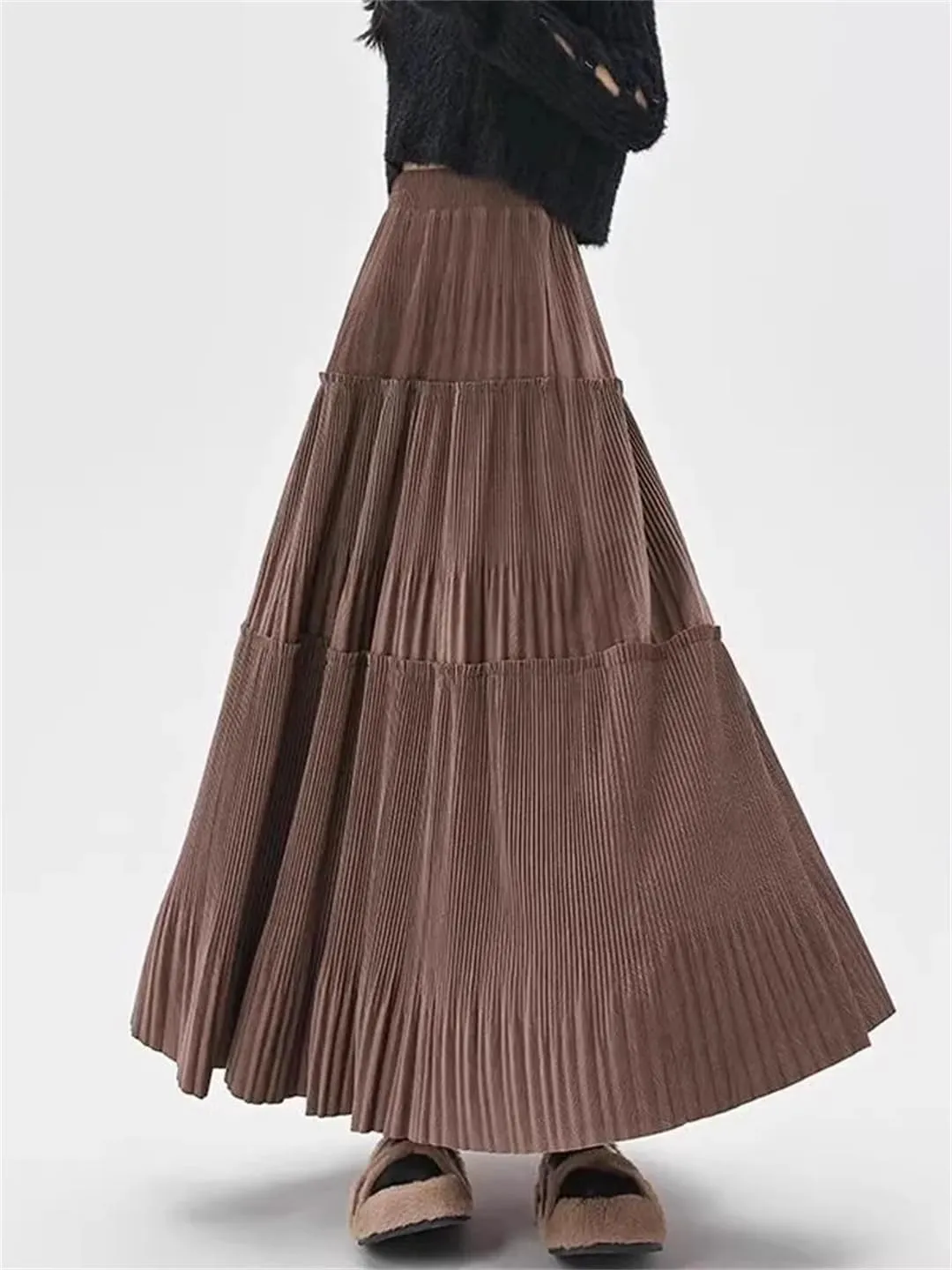 Women's Vintage Pleated Tweed Maxi Skirt Patchwork High Waist Long Skirt Midi Skirt
