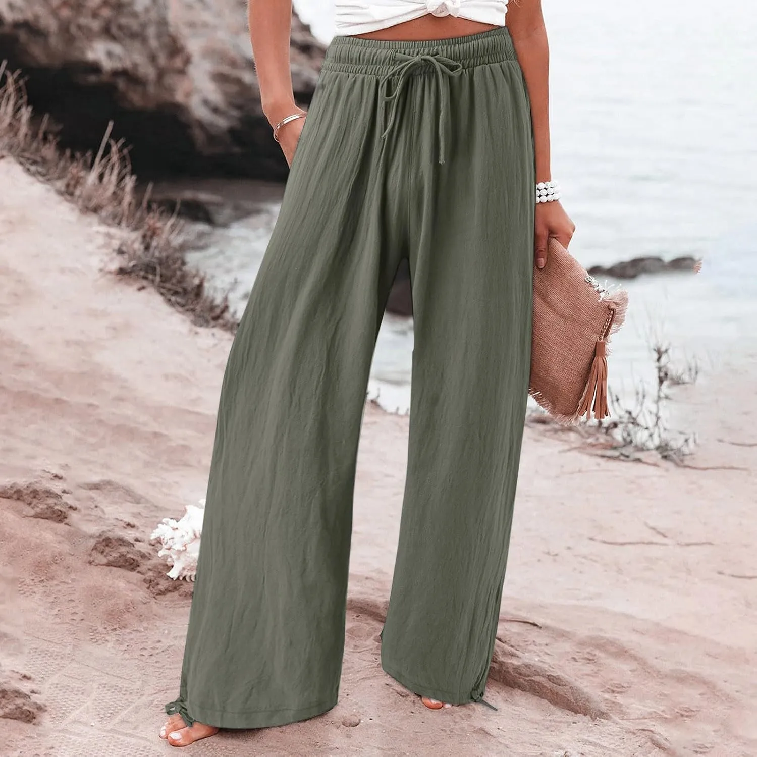 Womens Wide Leg Linen Pants Summer High Waist Cotton Palazzo Trousers Lounge Flowy Boho Slacks Beach Travel Outfits