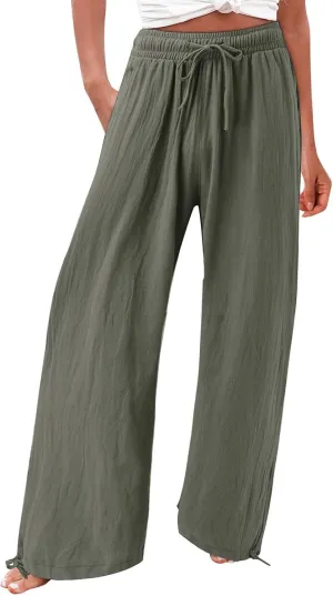 Womens Wide Leg Linen Pants Summer High Waist Cotton Palazzo Trousers Lounge Flowy Boho Slacks Beach Travel Outfits