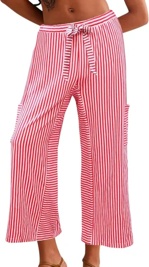 Women's Wide Leg Lounge Pants Striped Mid Waisted Drawstring Beach Pants Capri Pants Trousers with Pockets