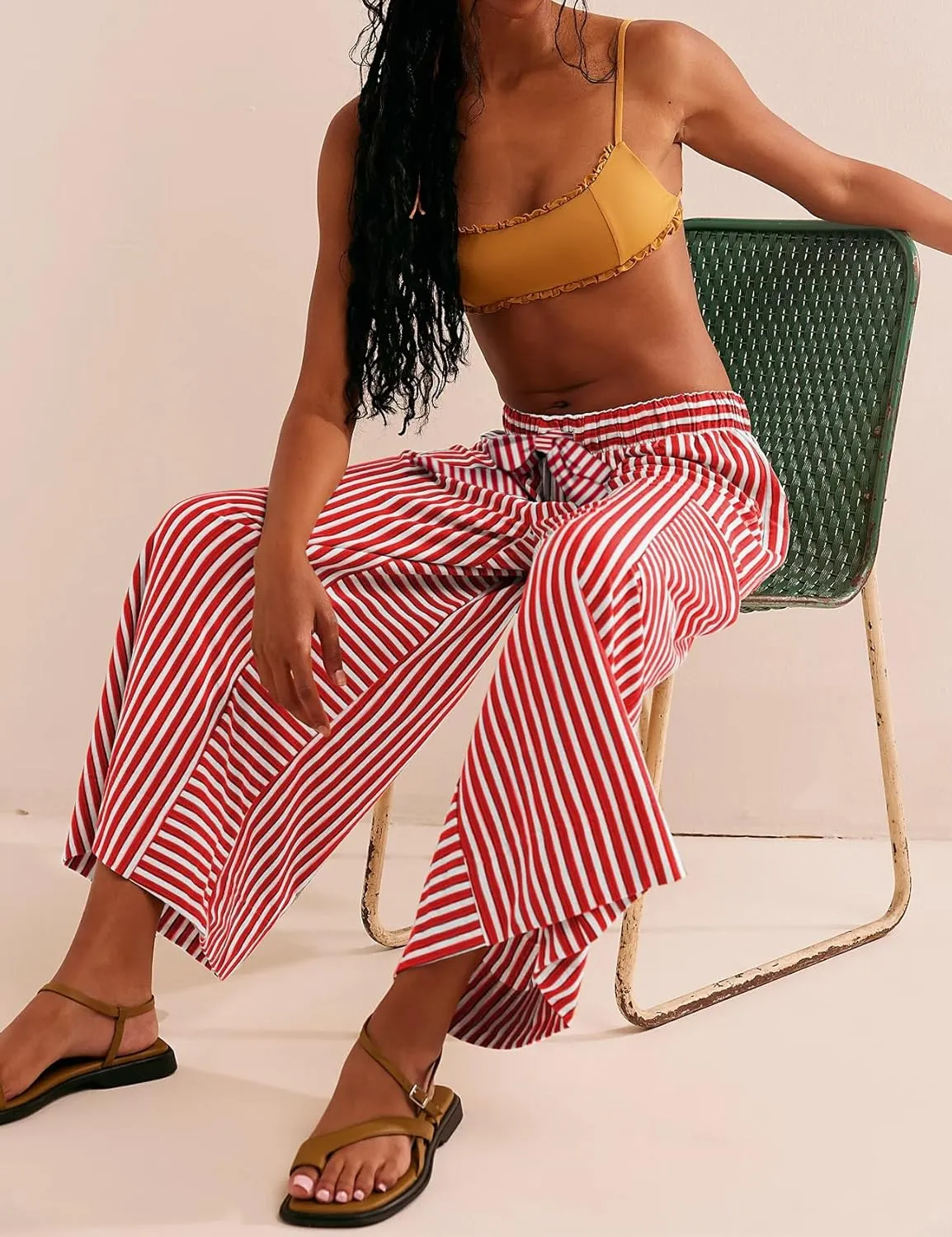 Women's Wide Leg Lounge Pants Striped Mid Waisted Drawstring Beach Pants Capri Pants Trousers with Pockets