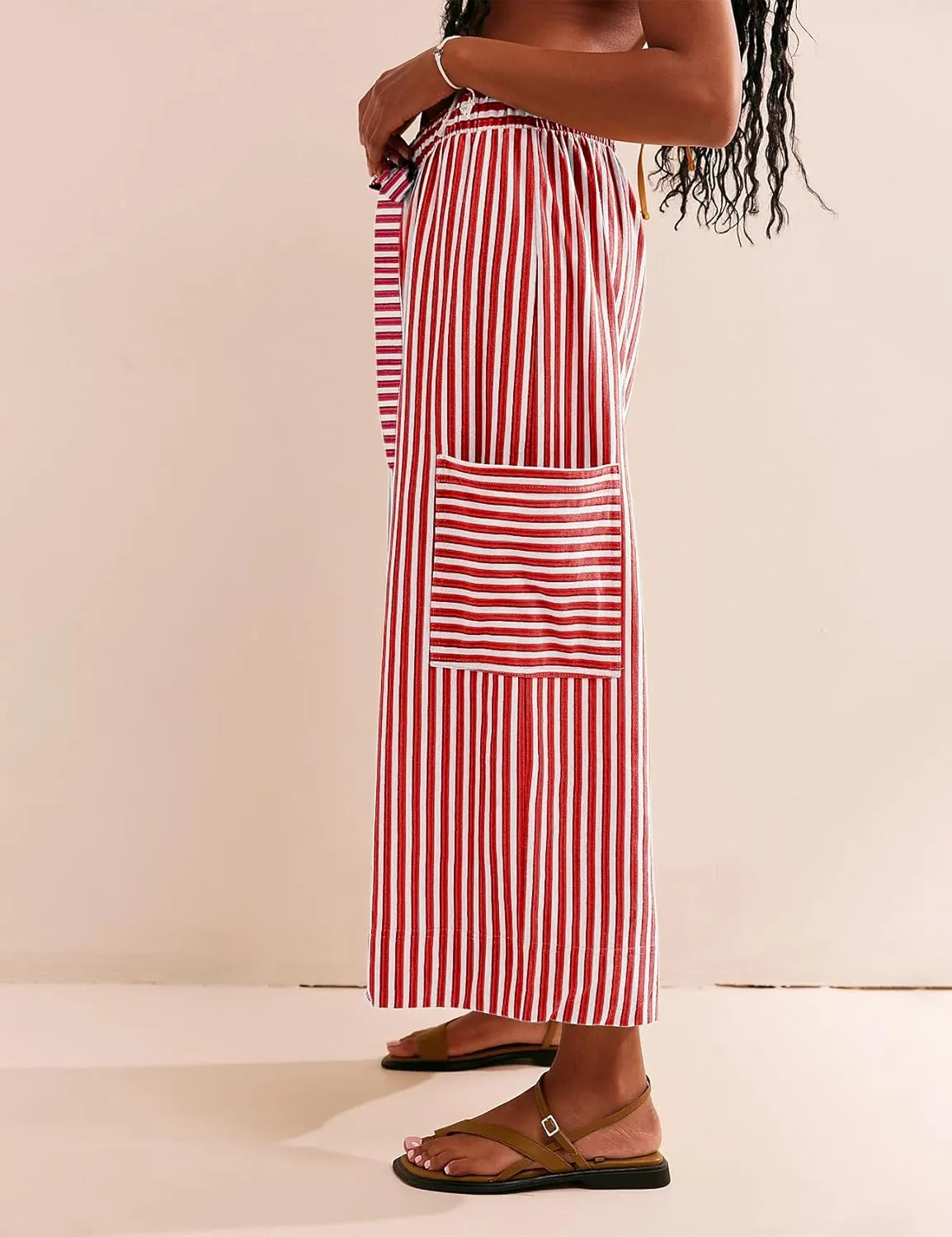 Women's Wide Leg Lounge Pants Striped Mid Waisted Drawstring Beach Pants Capri Pants Trousers with Pockets