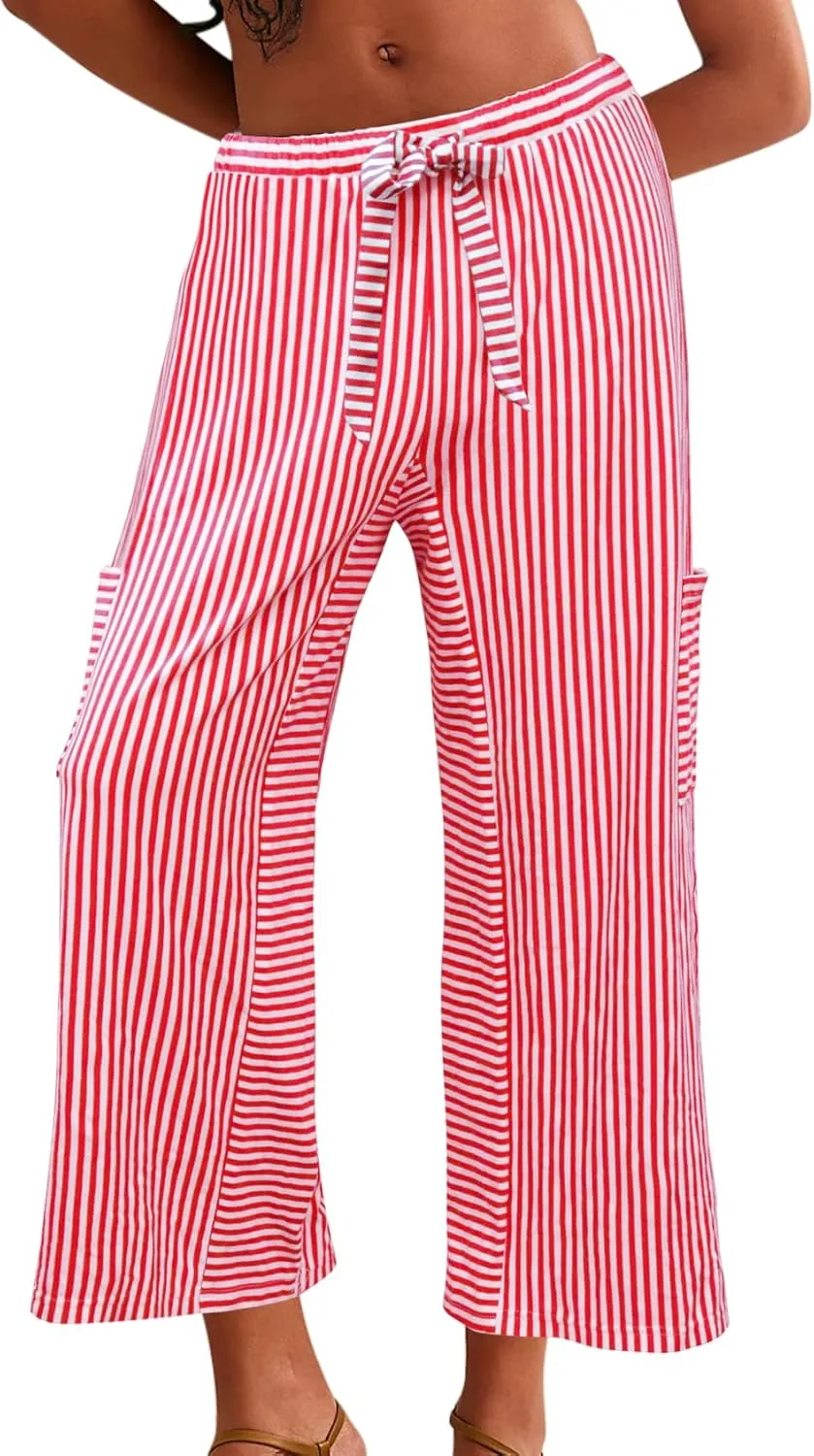 Women's Wide Leg Lounge Pants Striped Mid Waisted Drawstring Beach Pants Capri Pants Trousers with Pockets
