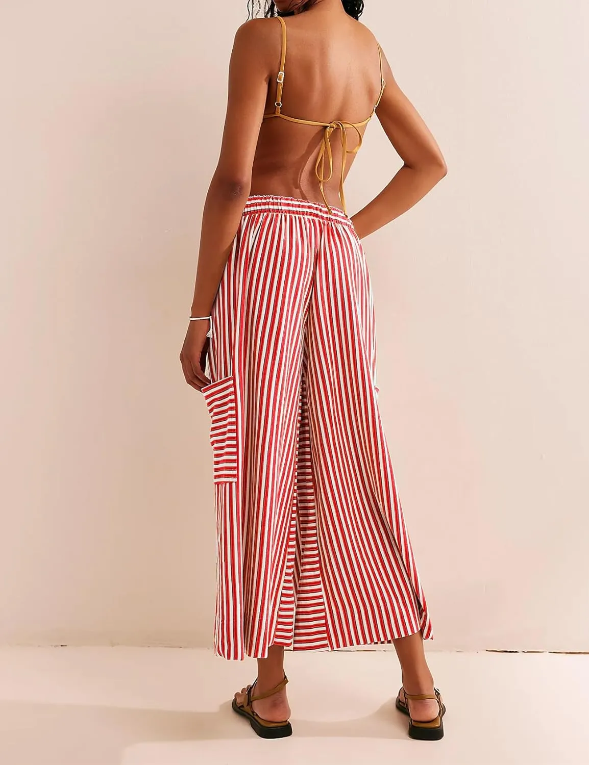 Women's Wide Leg Lounge Pants Striped Mid Waisted Drawstring Beach Pants Capri Pants Trousers with Pockets