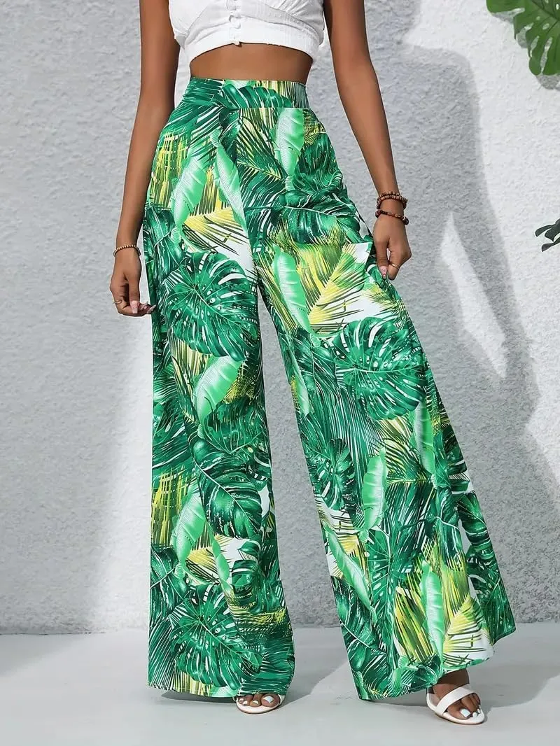 Women's Wide Leg Pants High Waist Loose Floral Casual Boho Trousers Business Work Lounge Pant