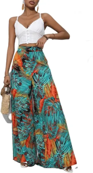 Women's Wide Leg Pants High Waist Loose Floral Casual Boho Trousers Business Work Lounge Pant