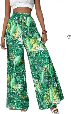 Women's Wide Leg Pants High Waist Loose Floral Casual Boho Trousers Business Work Lounge Pant