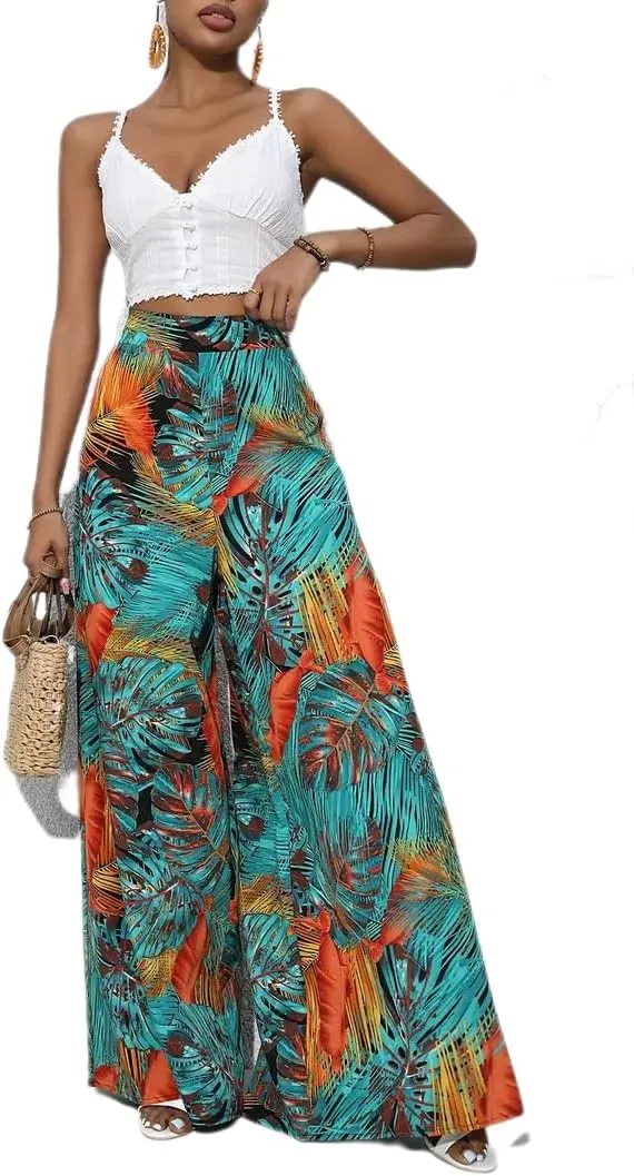 Women's Wide Leg Pants High Waist Loose Floral Casual Boho Trousers Business Work Lounge Pant