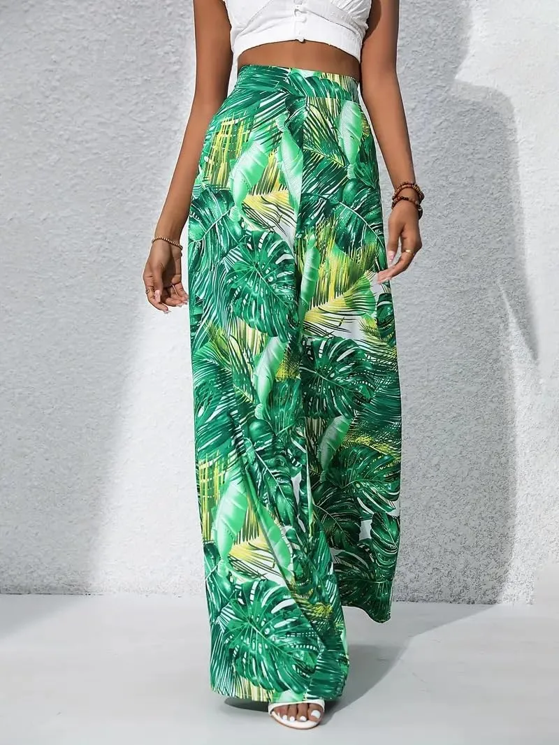 Women's Wide Leg Pants High Waist Loose Floral Casual Boho Trousers Business Work Lounge Pant