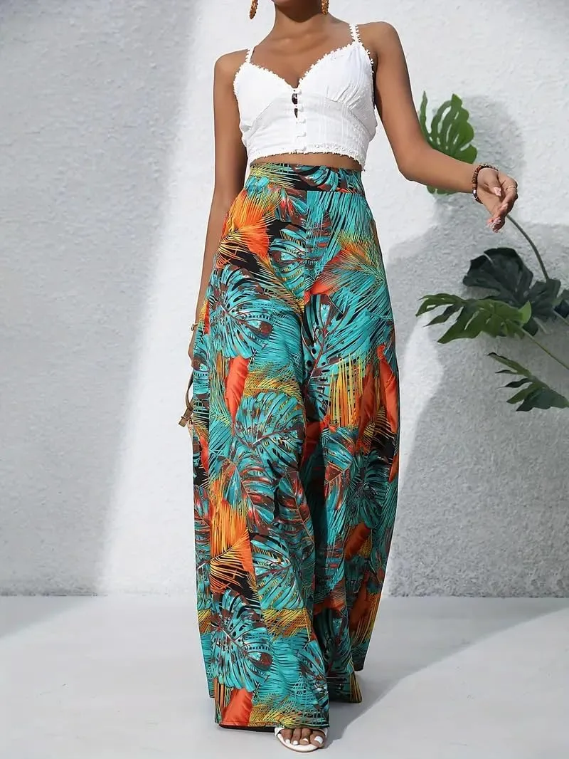 Women's Wide Leg Pants High Waist Loose Floral Casual Boho Trousers Business Work Lounge Pant