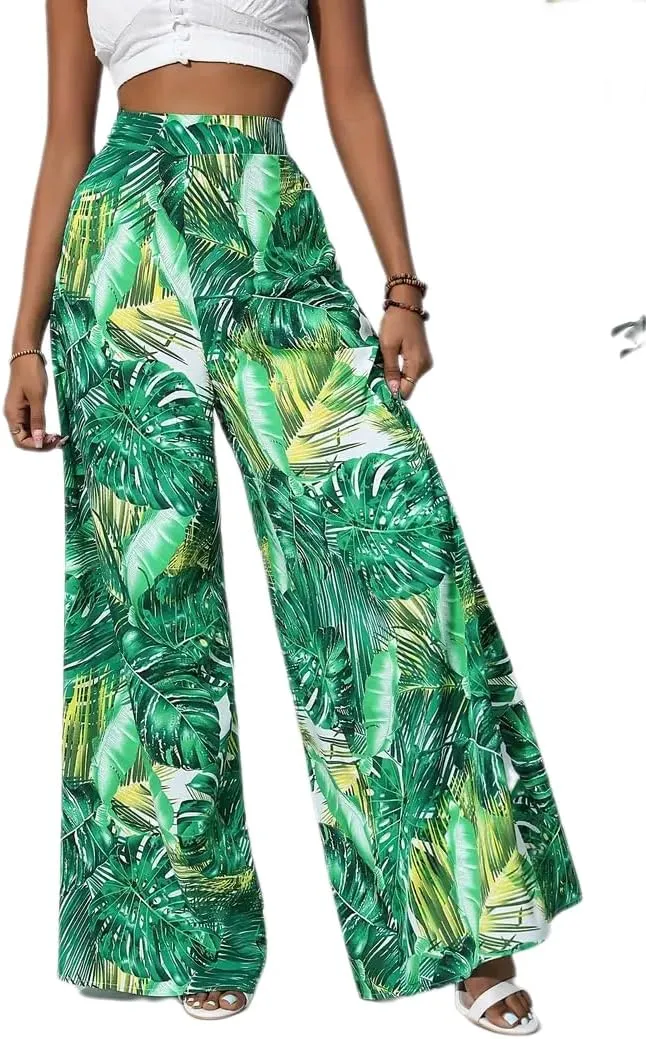 Women's Wide Leg Pants High Waist Loose Floral Casual Boho Trousers Business Work Lounge Pant