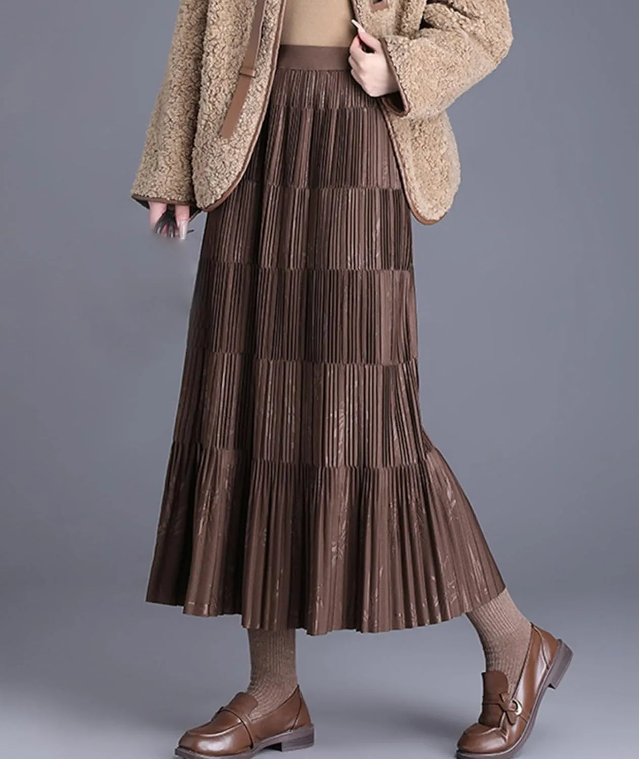 Women's Winter Fall High Waist Long Skirt Casual Print Pleated Midi Skirt for Party Prom