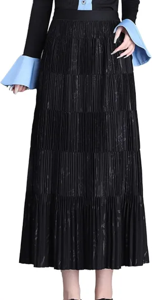Women's Winter Fall High Waist Long Skirt Casual Print Pleated Midi Skirt for Party Prom