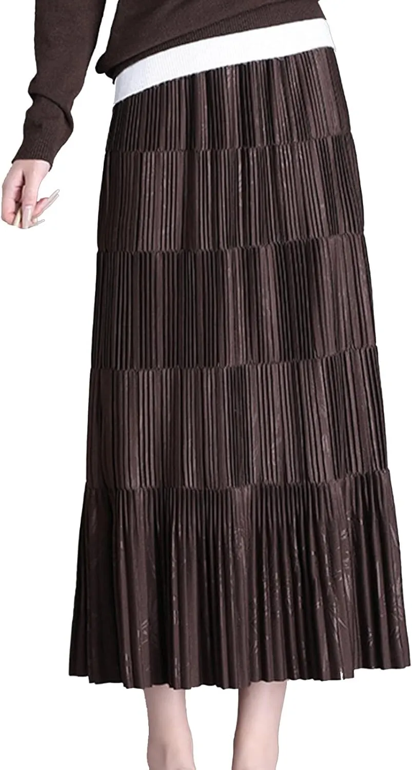 Women's Winter Fall High Waist Long Skirt Casual Print Pleated Midi Skirt for Party Prom