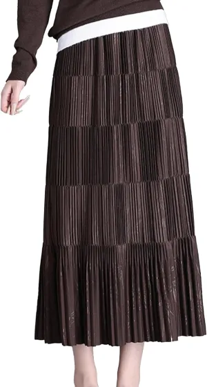 Women's Winter Fall High Waist Long Skirt Casual Print Pleated Midi Skirt for Party Prom