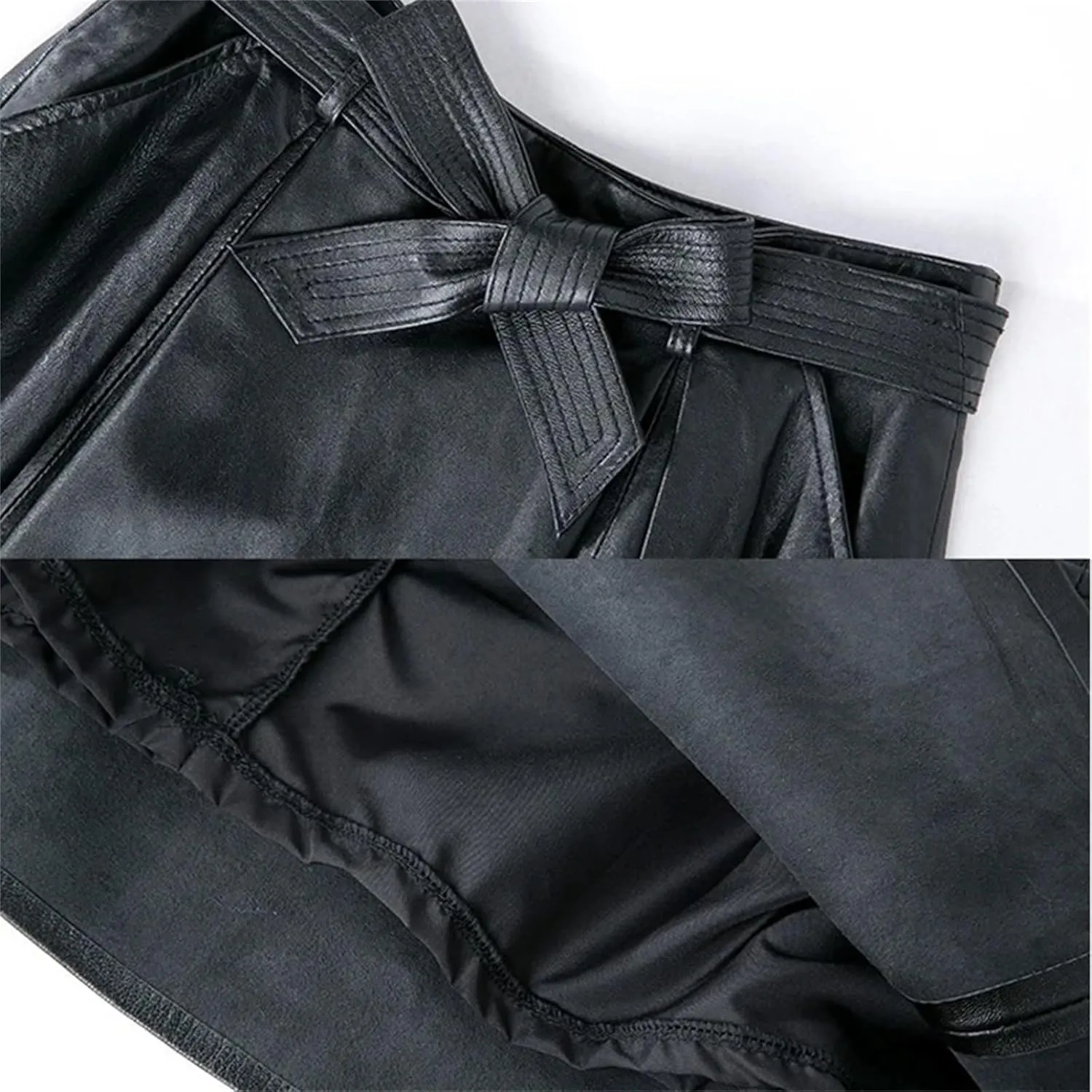 Womens Winter Leather Midi Skirt Retro High Waist Sexy Slim Bow Belt A-Line Pleated Skirt