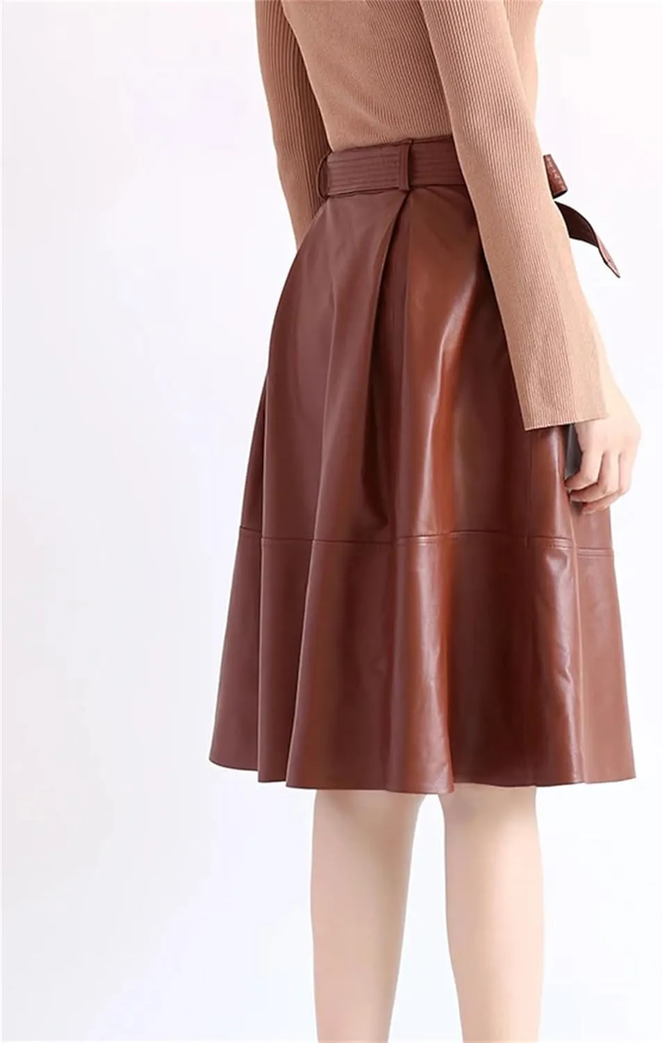 Womens Winter Leather Midi Skirt Retro High Waist Sexy Slim Bow Belt A-Line Pleated Skirt