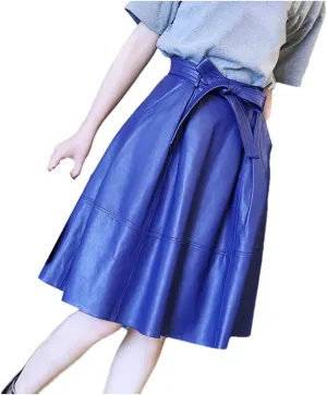 Womens Winter Leather Midi Skirt Retro High Waist Sexy Slim Bow Belt A-Line Pleated Skirt