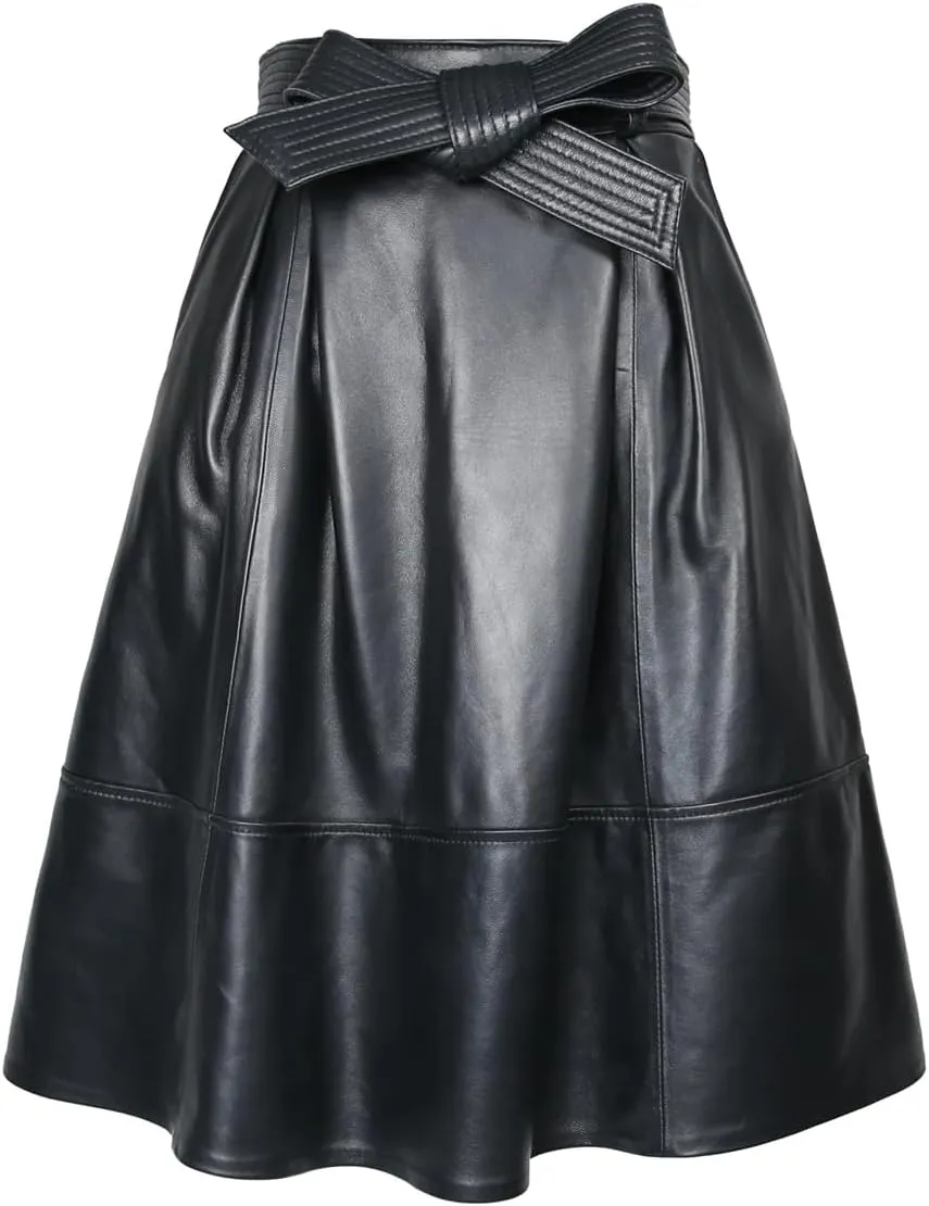 Womens Winter Leather Midi Skirt Retro High Waist Sexy Slim Bow Belt A-Line Pleated Skirt