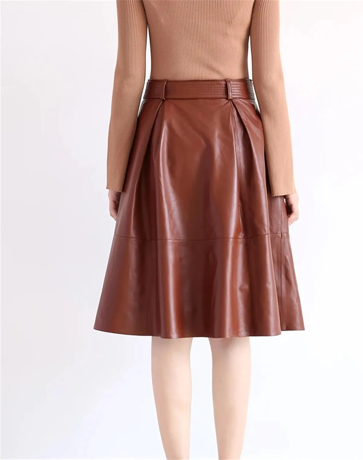 Womens Winter Leather Midi Skirt Retro High Waist Sexy Slim Bow Belt A-Line Pleated Skirt