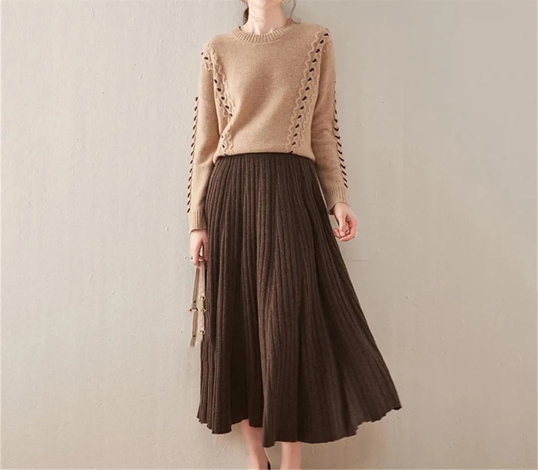 Women's Wool Knit Skirt Stretch High Waist Pleated Skirt Loose Solid Color Midi Skirts
