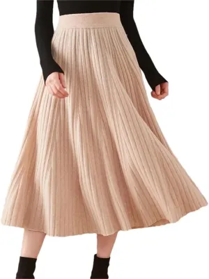 Women's Wool Knit Skirt Stretch High Waist Pleated Skirt Loose Solid Color Midi Skirts